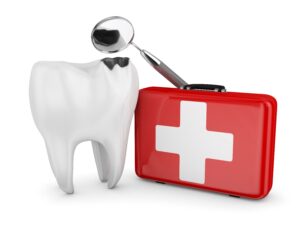 Rendering of large chipped tooth next to red emergency kit